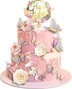29 PCS Flower Cake Toppers Butterfly Cake Decorations Happy Birthday Cake Toppers with Artificial Pink and Purple Flowers Pea Blossoms Butterflies for Women Birthday Wedding Party Supplies