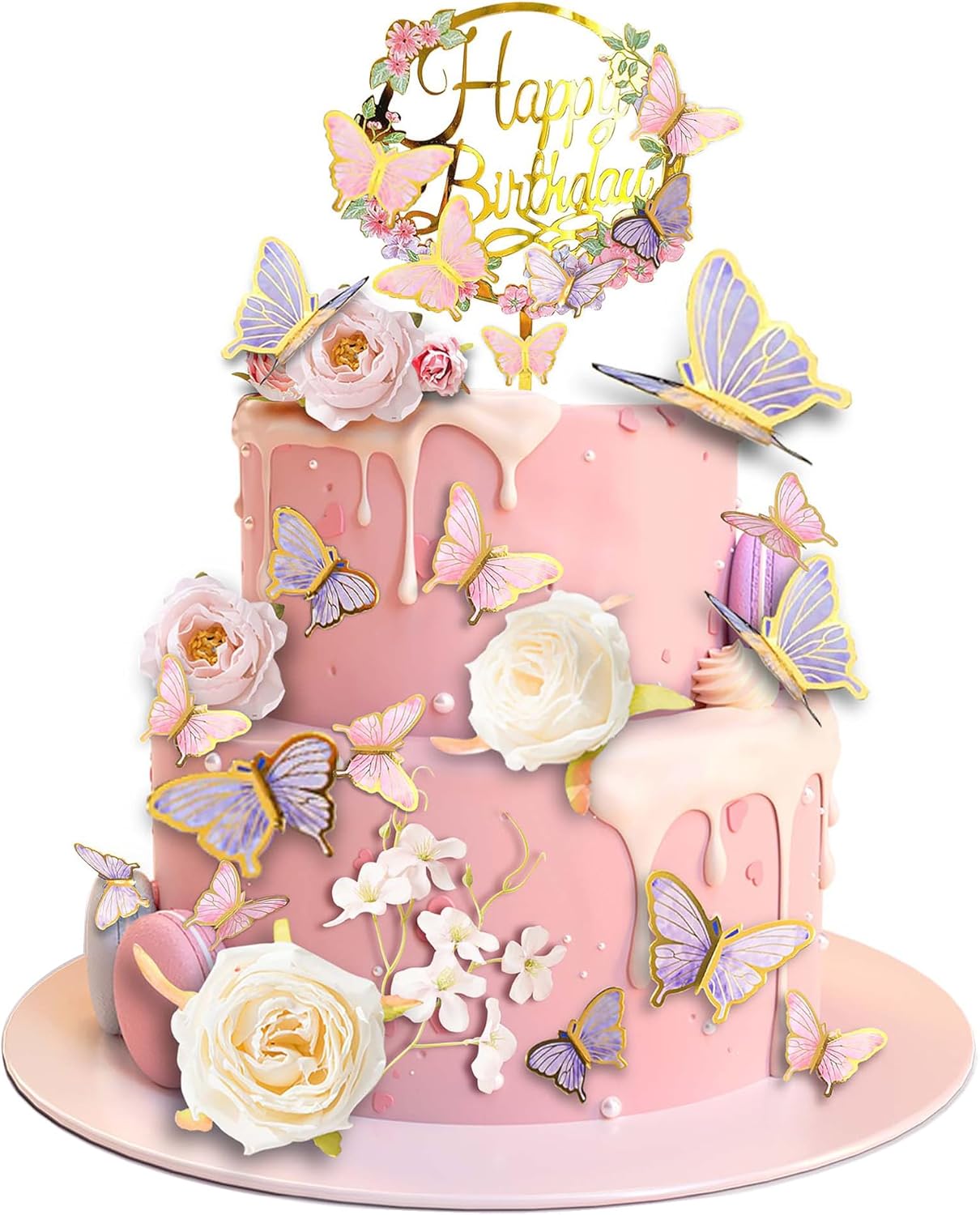 29 PCS Flower Cake Toppers Butterfly Cake Decorations Happy Birthday Cake Toppers with Artificial Pink and Purple Flowers Pea Blossoms Butterflies for Women Birthday Wedding Party Supplies