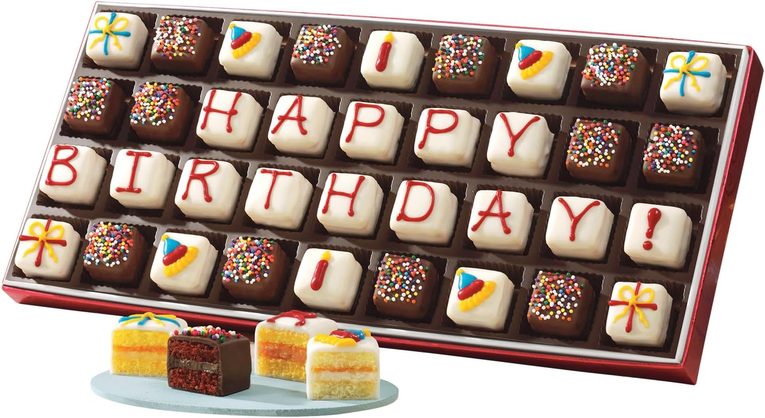 The Wisconsin Cheeseman Happy Birthday Petits Fours – Gourmet Mini Layer Cakes in Chocolate, Vanilla, Orange, and Lemon – Birthday Dessert or Cake Assortment Gift