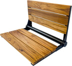Teak Shower Seat Bench with Back - Wall Mounted Fold Up Shower Seat, Waterproof Folding Teak Bath Chair for Seniors, 304 Stainless Steel Frame, with 300 lbs Capacity - 24" Length, Matte Black