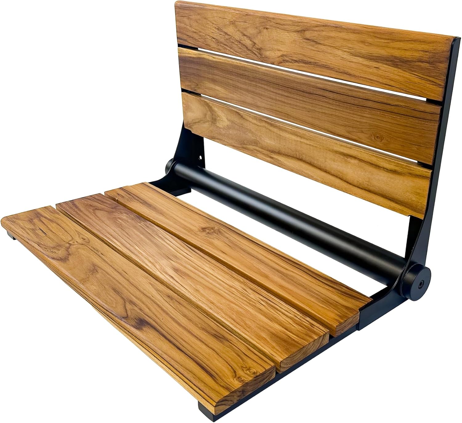 Teak Shower Seat Bench with Back - Wall Mounted Fold Up Shower Seat, Waterproof Folding Teak Bath Chair for Seniors, 304 Stainless Steel Frame, with 300 lbs Capacity - 24" Length, Matte Black