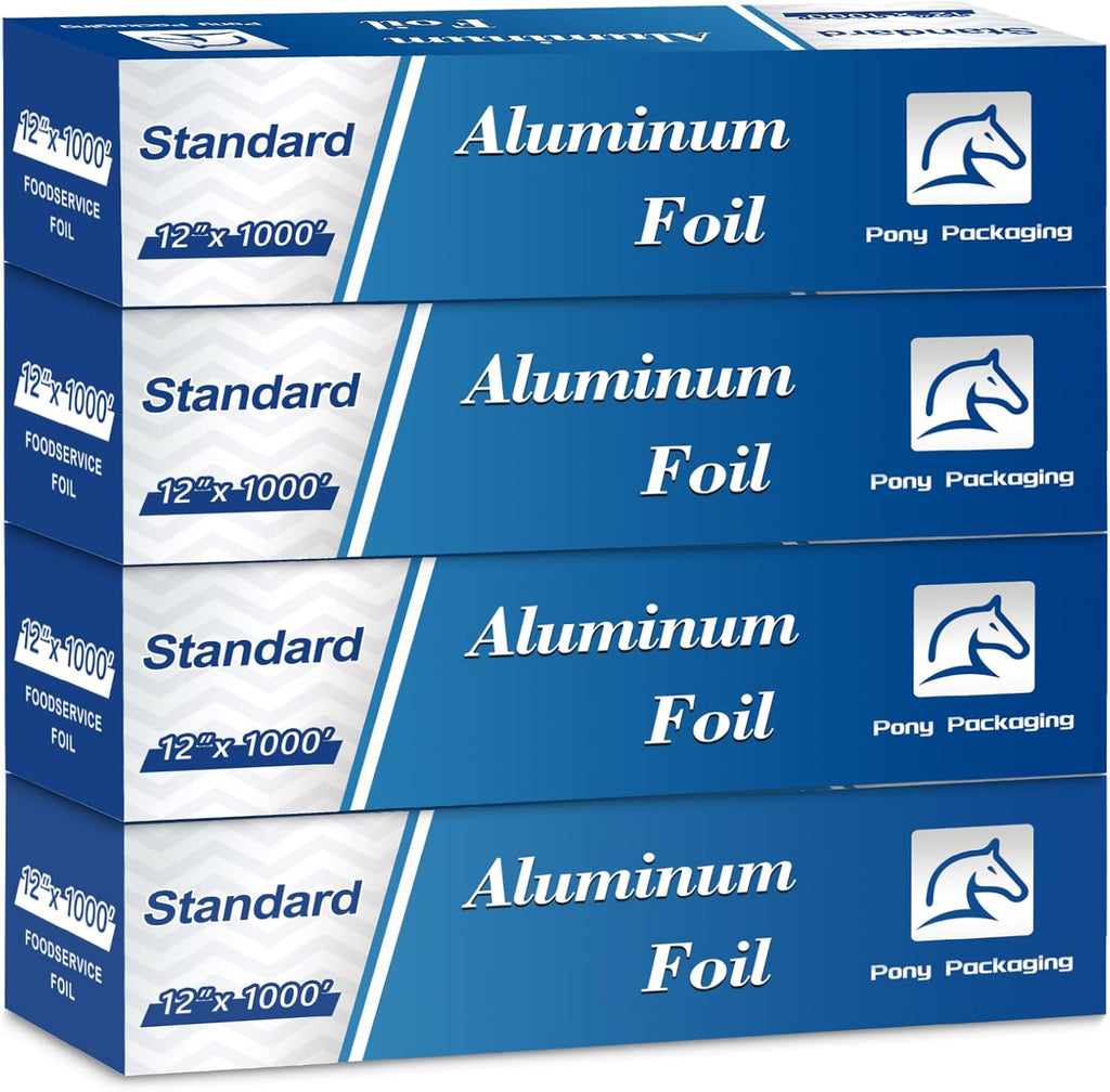 Aluminum Foil Standard 12 inch Wide, 1000 FT Food Safe Foil Wrap for Cooking, Baking, Grilling, Food Service Pony Packaging Aluminum Foil Roll (12"x1000', Standard-4 Count)