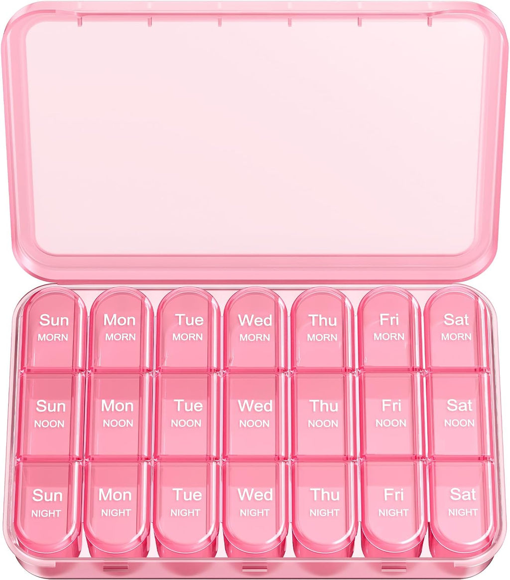 Daviky Pill Organizer 3X a Day, Weekly Pill Box 7 Day, Travel Pill Case with Large Containers, 3 Times Medcine Organizer for Vitamins, Medication, Supplements and Fish Oils (Pink)