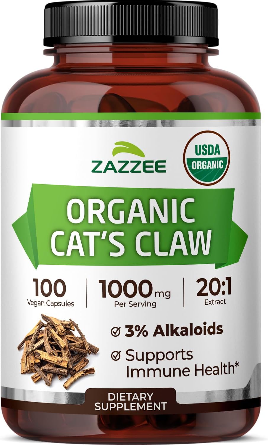 Zazzee USDA Organic Cat’s Claw 20:1 Extract, 1000 mg per Serving, 3% Alkaloids, 100 Vegan Capsules, Uncaria Tomentosa, Immune, Joint & Antioxidant Support, All-Natural, Non-GMO, Made in the USA