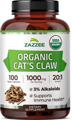 Zazzee USDA Organic Cat’s Claw 20:1 Extract, 1000 mg per Serving, 3% Alkaloids, 100 Vegan Capsules, Uncaria Tomentosa, Immune, Joint & Antioxidant Support, All-Natural, Non-GMO, Made in the USA