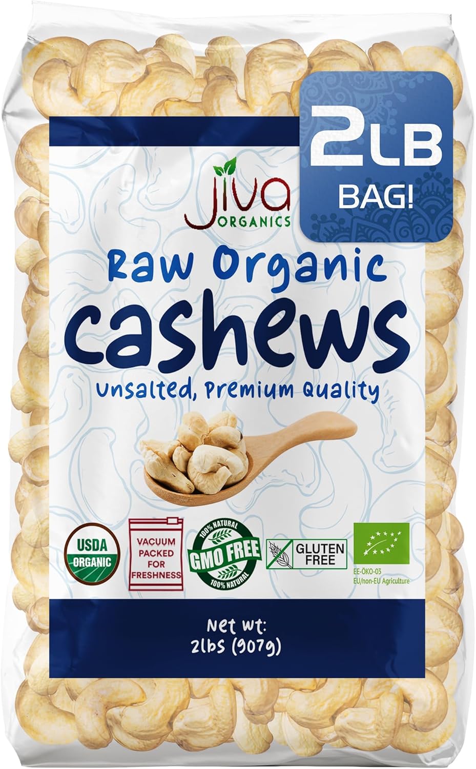 Jiva Organics Raw Organic Cashews (Whole) 2 Pound Bag