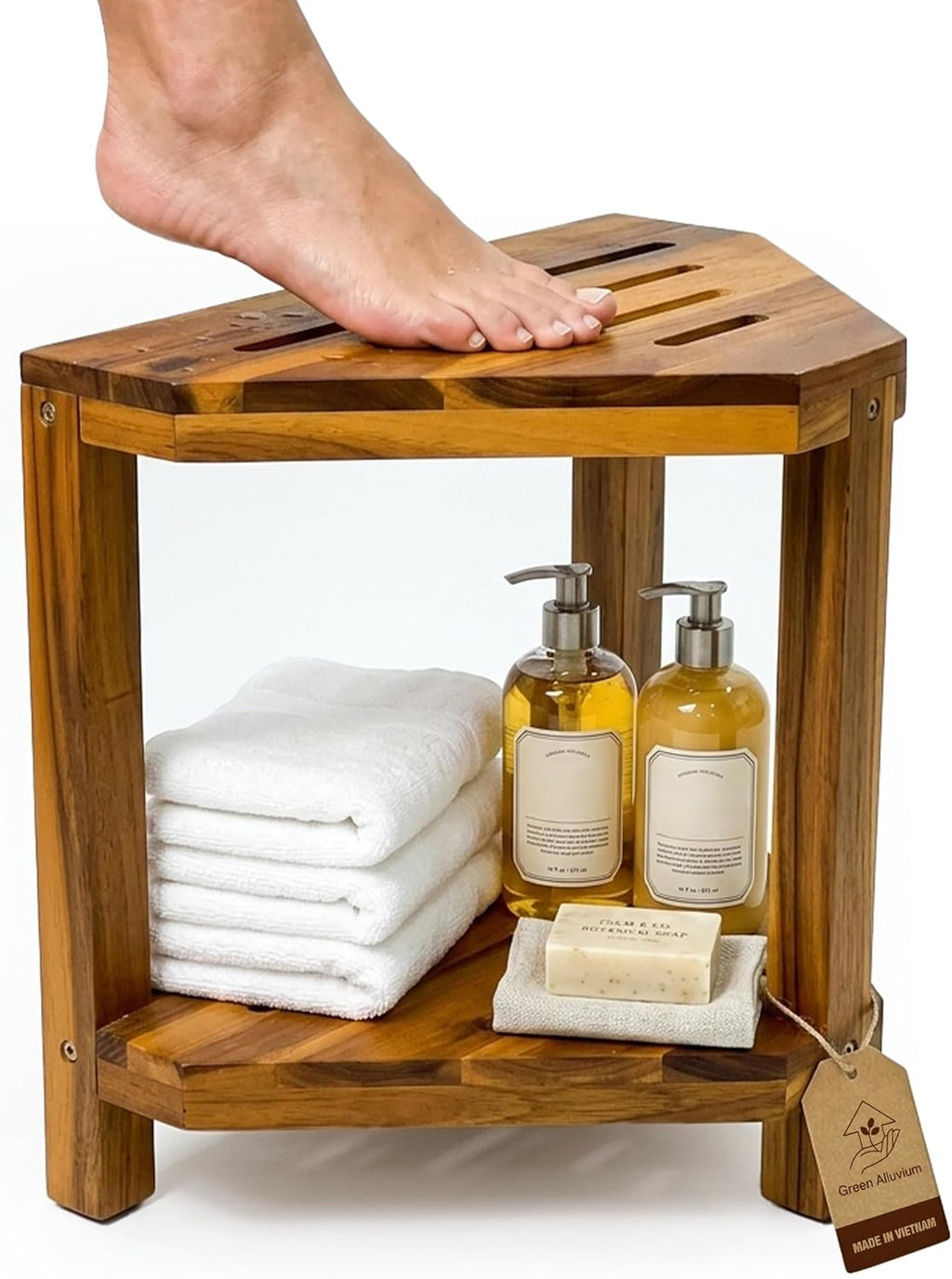 20 Inch Premium Wood Shower Step Stool for Inside Shower - Bathroom Shower Foot Stool for Shaving - Shower Seat Corner