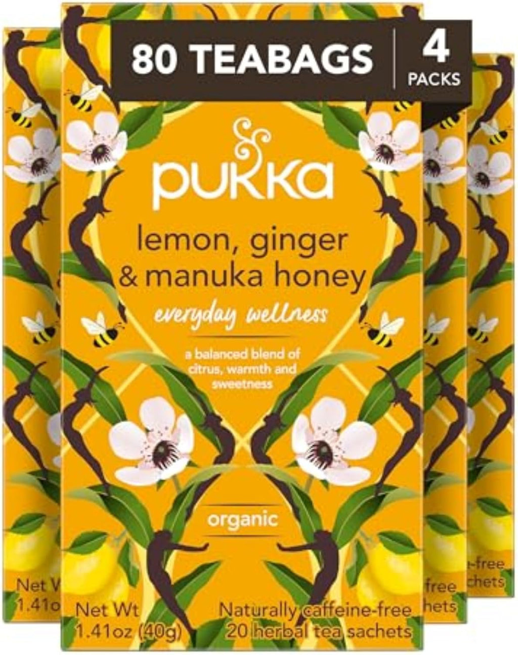 Pukka Organic Lemon, Ginger & Manuka Honey Herbal Tea, Immune Boosting Organic Tea Infusion Selection, With Turmeric, Ideal For Daily Support, Caffeine Free, 80 Total Bags (20ct - Pack of 4)