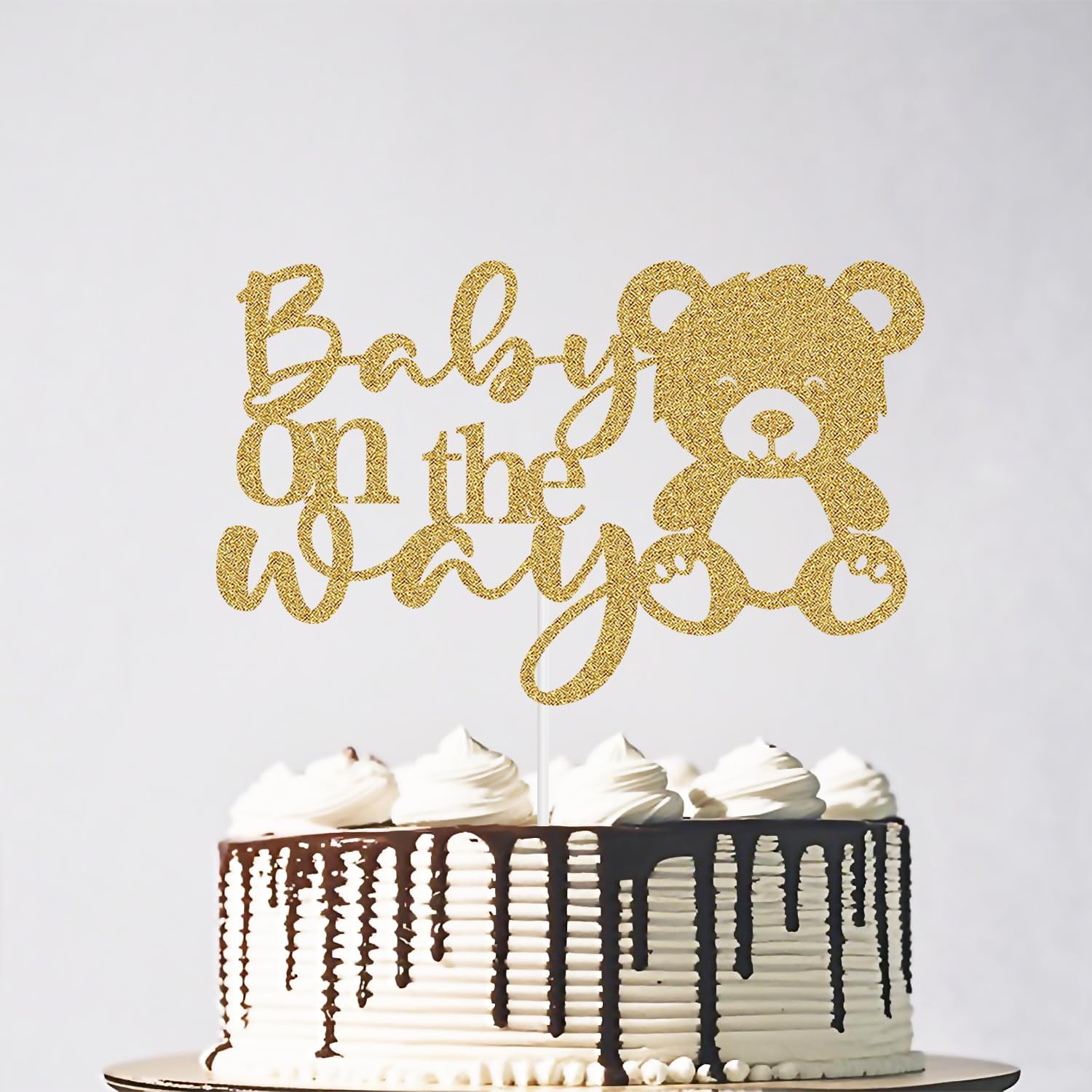 Glitter Baby On The Way Cake Topper - Pregnancy Announcements Cake Topper, Baby Bear Gender Reveal Birthday Party Decorations Gold