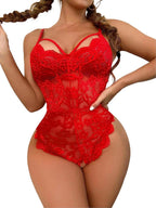 Xmas Women Sexy Babydoll Lingerie Floral Teddy Bodysuit One Piece Lace Nightwear Negligee Snap Crotch Red