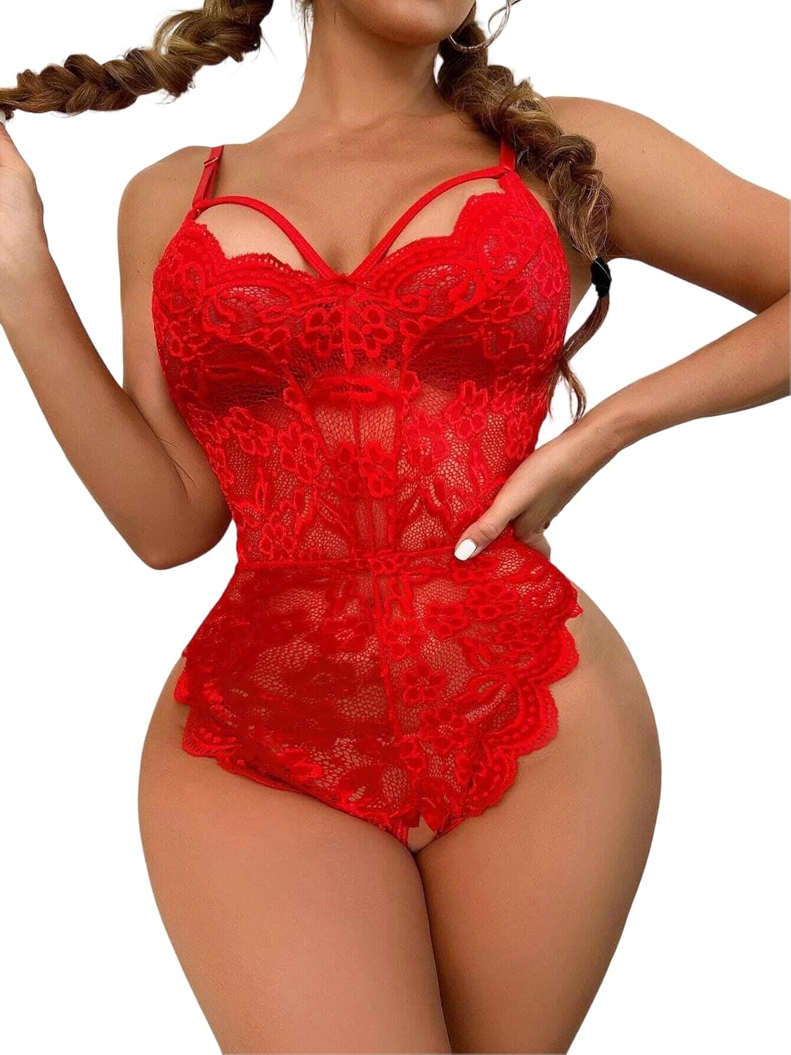 Xmas Women Sexy Babydoll Lingerie Floral Teddy Bodysuit One Piece Lace Nightwear Negligee Snap Crotch Red