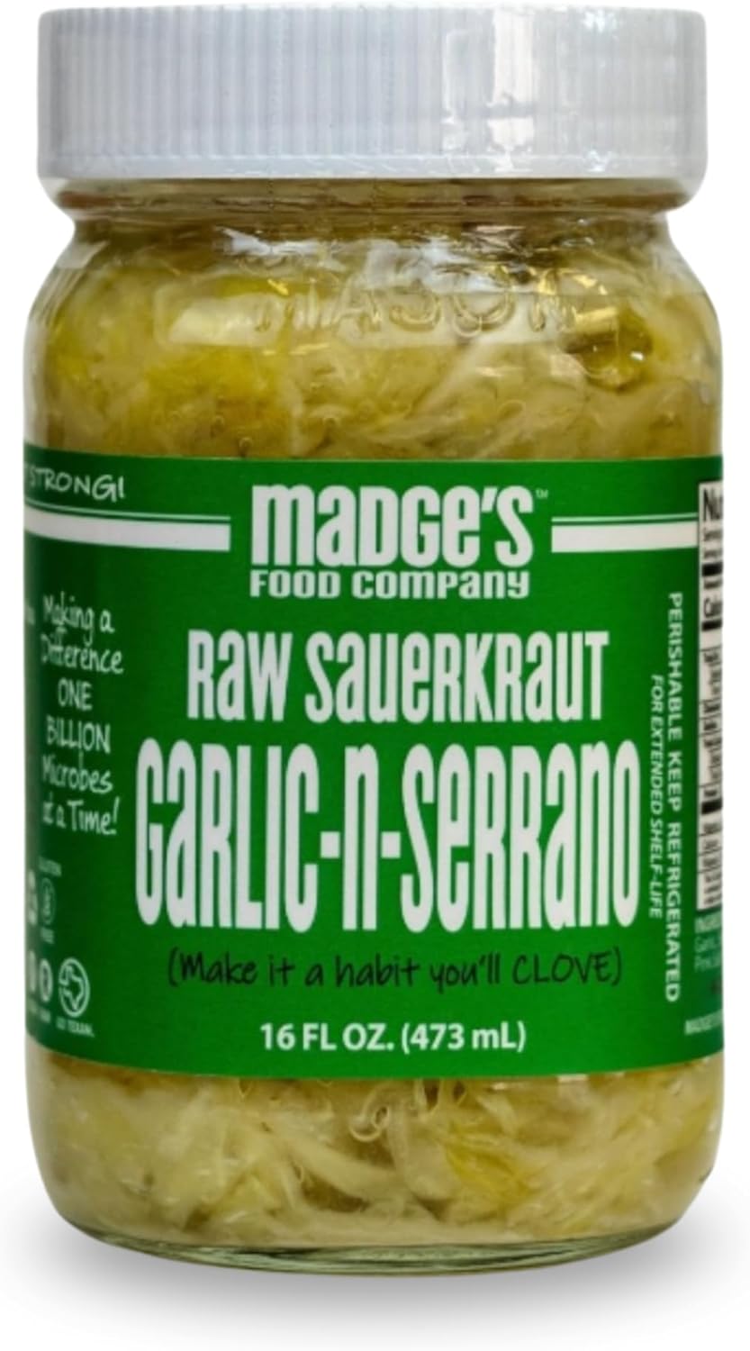 Madge's Rueben Sauerkraut | Raw unpastuerized | Probiotics enriched | Made with Organic ingredients, Pink Salt, gut healthy packed in glass jar 15 oz (Garlic Serrano)