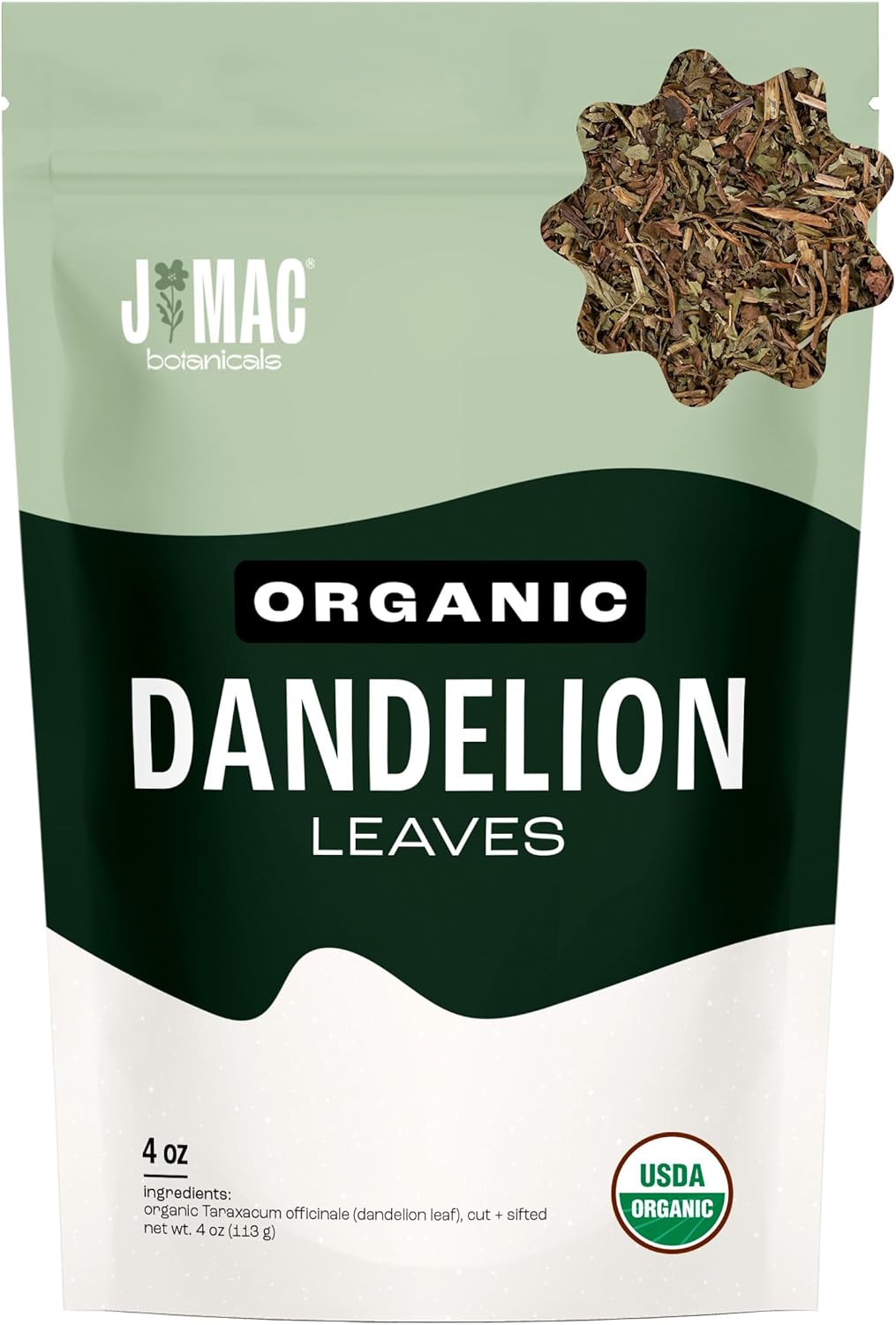 J Mac Botanicals, Organic Dandelion Leaves (4 oz bag) USDA Certified Organic Dandelion leaf tea, te diente de leon organico, Packaged in the USA, Cut and Sifted, No Caffeine
