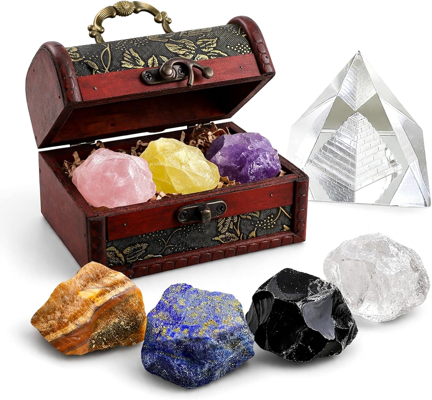 Crystals and Healing Stones, 9 Pcs Healing Crystals Set, 7 Chakra Crystal Stones Set Real Natural Selenite Pyramid Reiki Raw Rock Energy Protection Meditation with Wooden Box, Crystal Gifts for Women