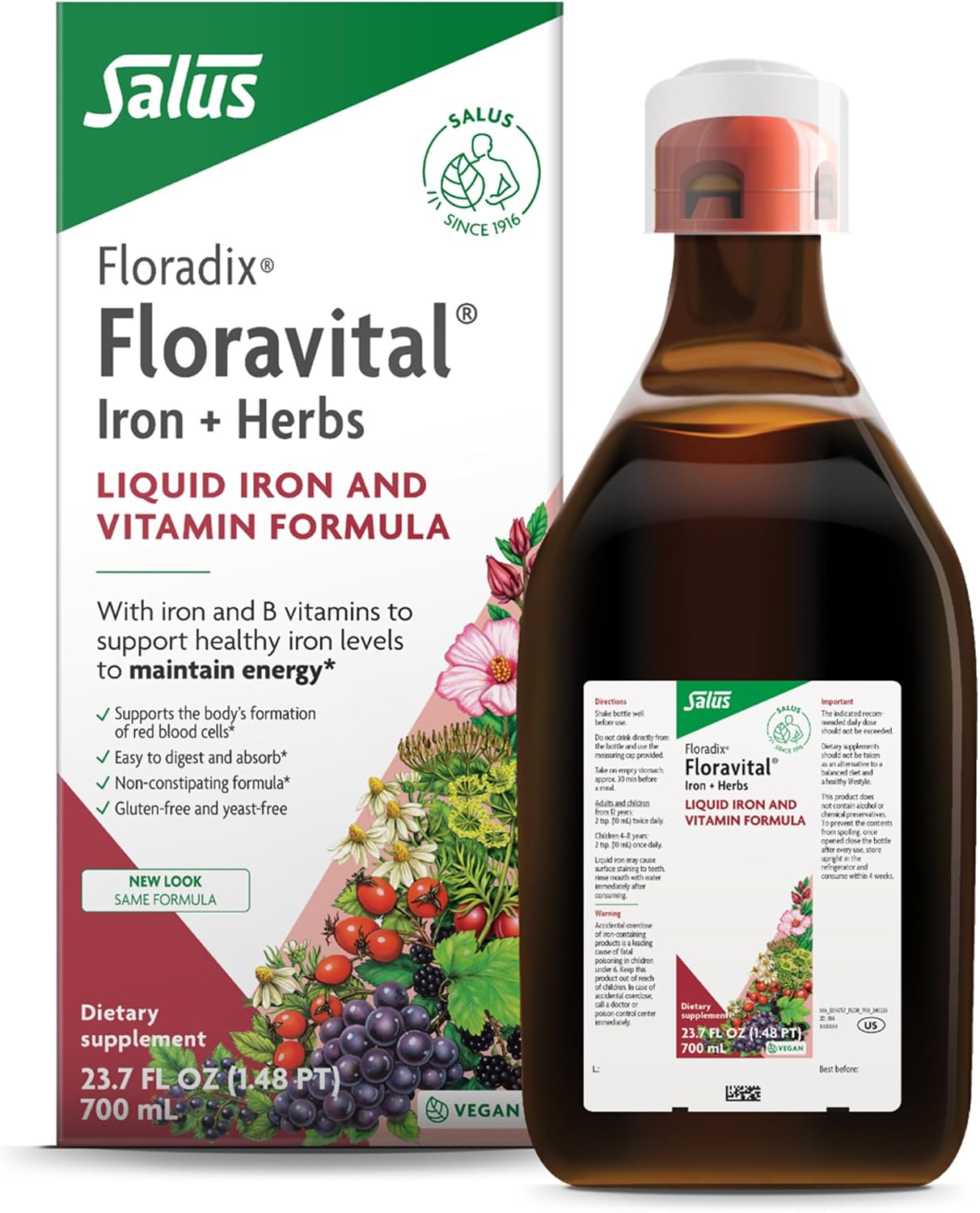 Floradix Floravital Liquid Iron & Vitamin Formula - Liquid Iron Supplement with Ferrous Gluconate, C & B Vitamins & Herbs for Energy Support - Vegan, Gluten-Free, Yeast-Free & Non-GMO - 23.7 Fl Oz