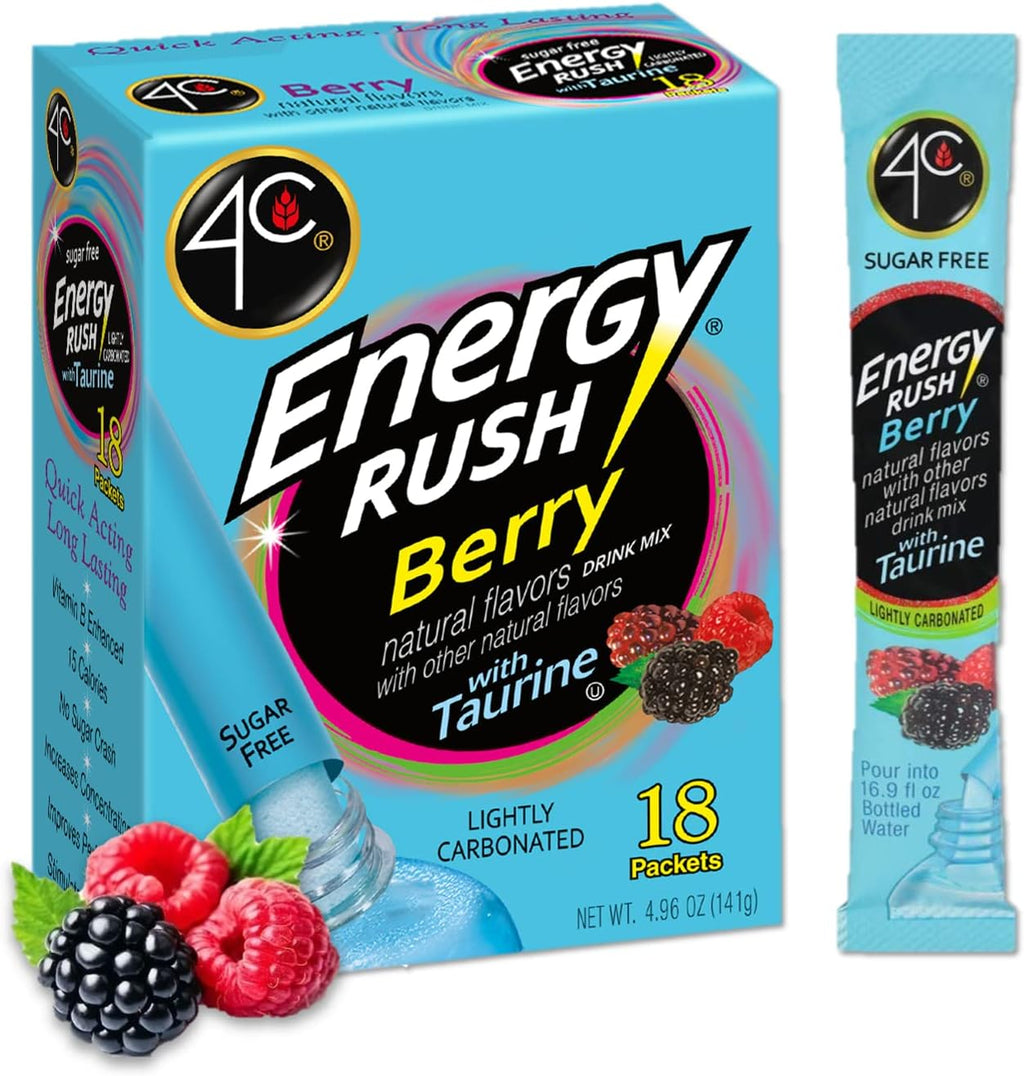 4C Energy Rush Stix, Berry 1 Pack, 18 Count, Single Serve Water Flavoring Packets, Sugar Free with Taurine, On the Go Bundle