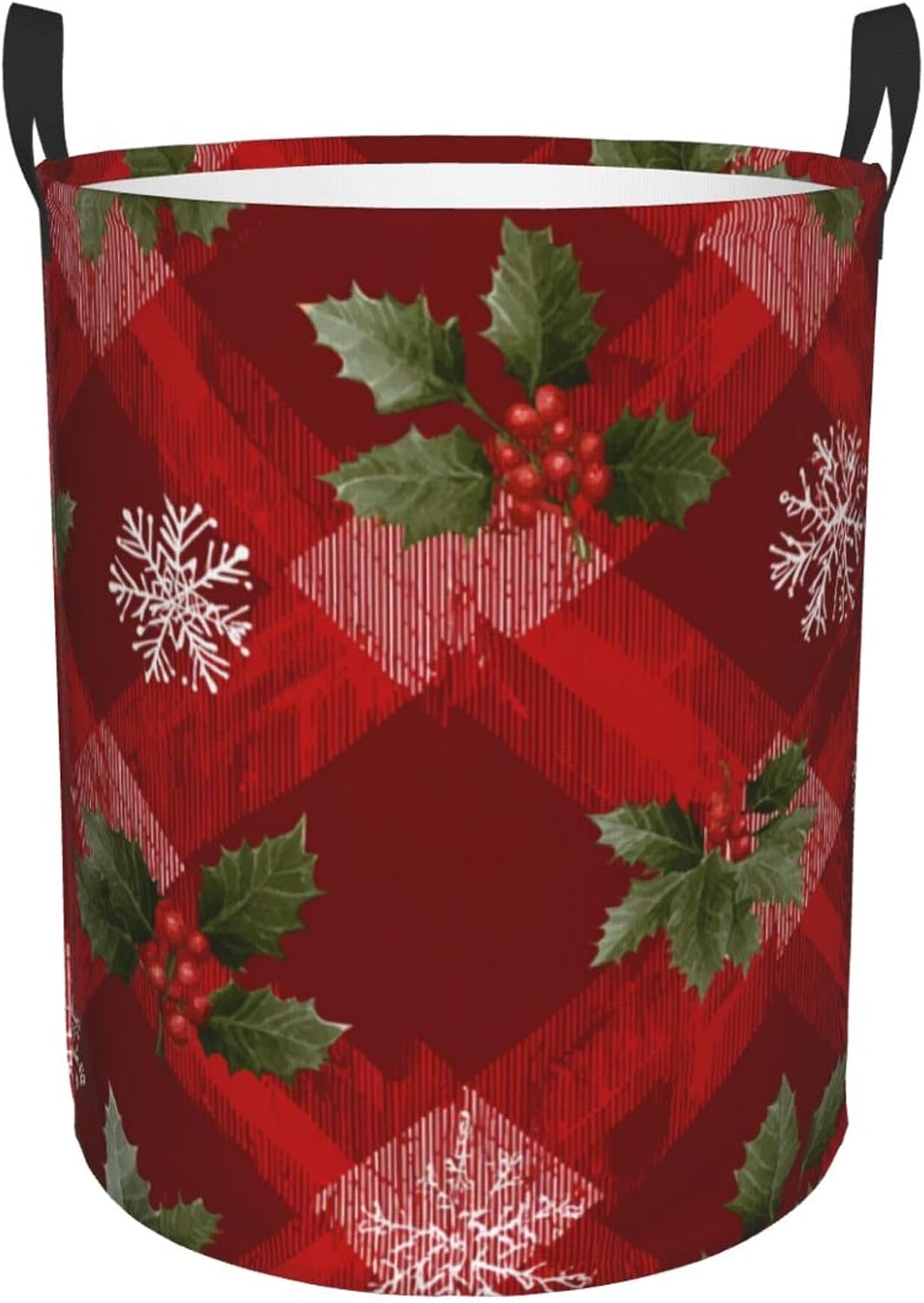 1pc Collapsible Laundry Hamper, Christmas Plaid Holly, 38l Versatile Organizer Basket With Handles, 13.8×16.5inch Storage Bin For Elegant Home Decor, Dorm, Laundry Room, Bathroom, Gifts