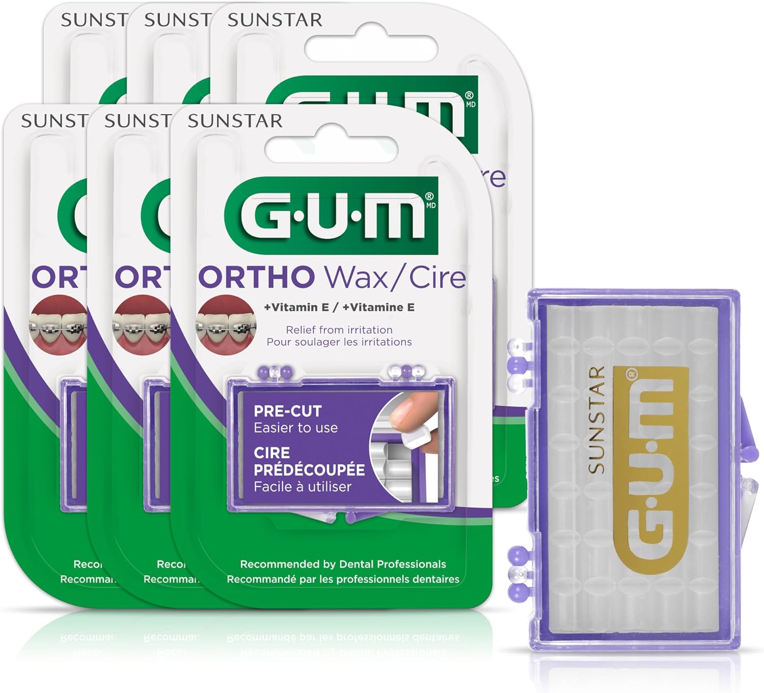 GUM Orthodontic Wax for Braces and Dental Devices - Soothing Dental Wax with Vitamin E- Clear Color - Unflavored (Pack of 6)