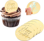 24 Pcs Gold Mirror Acrylic Cupcake Toppers, Round Gold Happy Birthday Cake Topper, Cake & Cupcake Decorations for DIY Birthday Party Anniversary Pastries Decorations