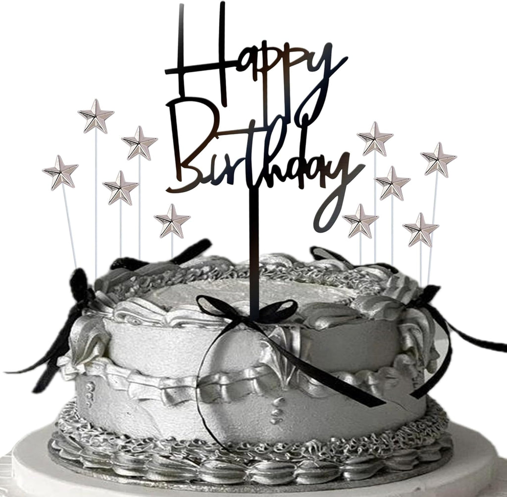 Rsstarxi 11 Pack Black Acrylic Happy Birthday Cake Toppers with Silver Stars Cake Pick for Baby Shower Kids Birthday Party Cake Decorations Supplies