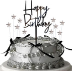 Rsstarxi 11 Pack Black Acrylic Happy Birthday Cake Toppers with Silver Stars Cake Pick for Baby Shower Kids Birthday Party Cake Decorations Supplies