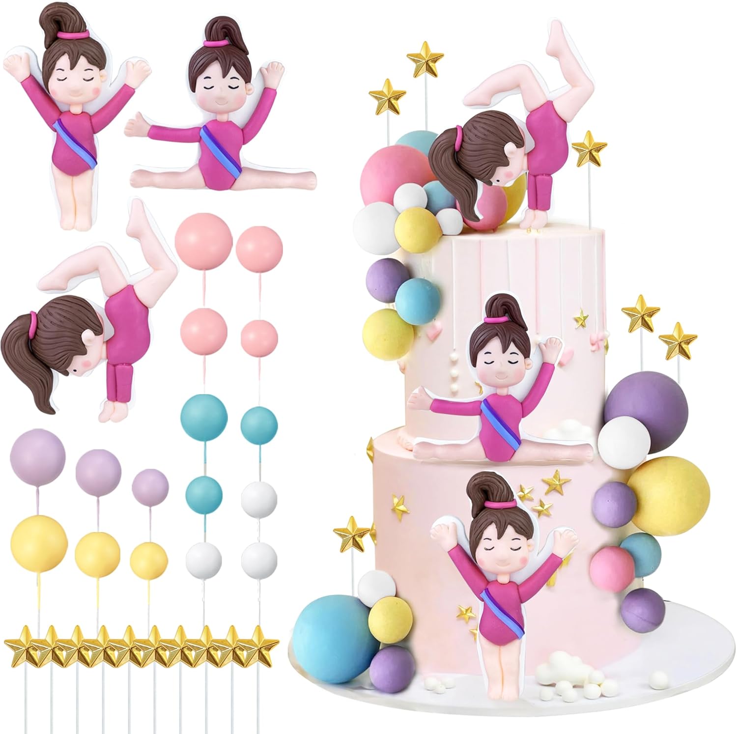 29 PCS Gymnastics Cake Toppers Gymnastics Girl Balls Cake Decorations for Girls Gymnastic Theme Birthday Party Baby Shower Supplies