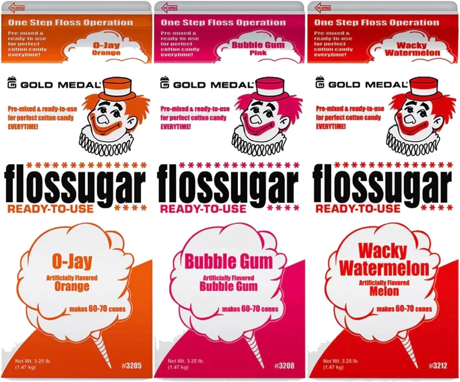 Cotton Candy Floss sugar Mix Flavors | Pack Of 3 | Orange, Bubble Gum, and Wacky Watermelon Flavors | 1/2 Gallon Cartons