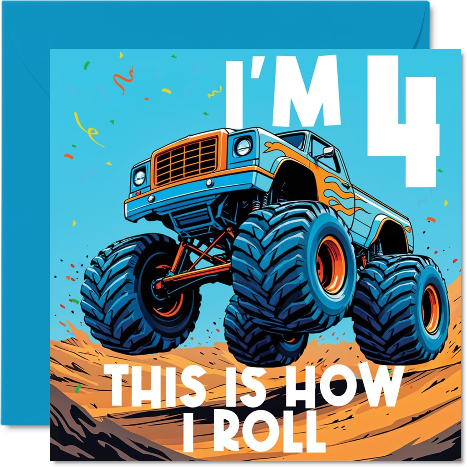 Stuff4 4th Birthday Cards for Boys - Monster Truck This Is How I Roll - Happy Birthday Card for 4 Year Old Boy Grandson Great Nephew Cousin Nephew, 5.7 Inch Bday Greeting Cards