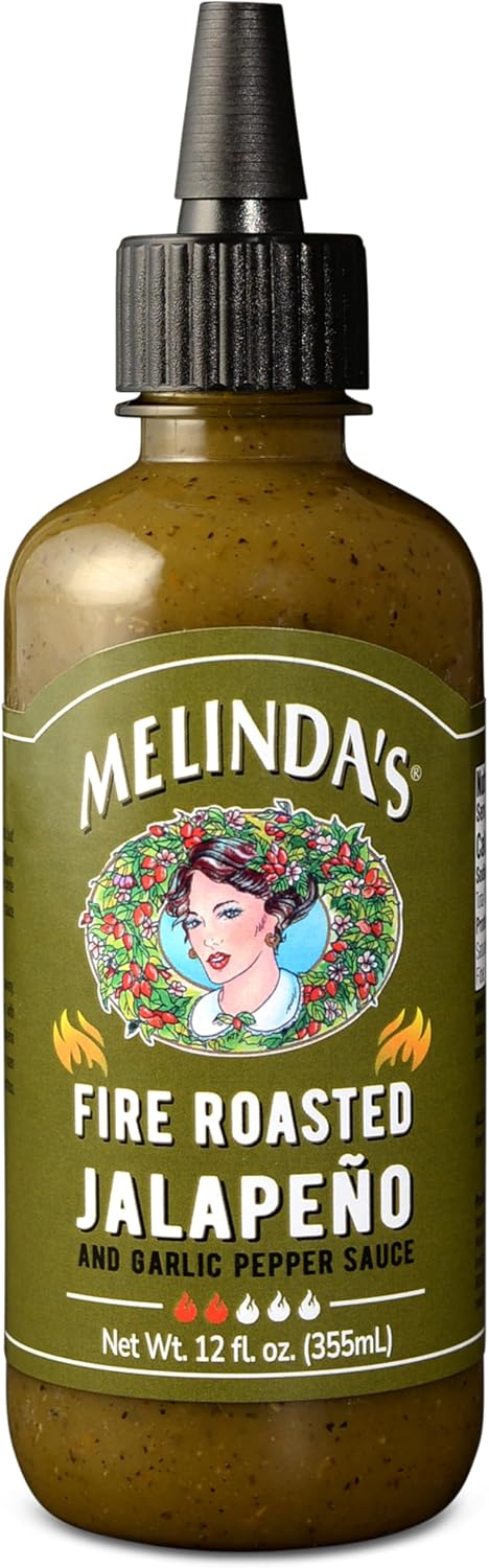 Melinda's Fire Roasted Jalapeño Hot Sauce with Aromatic Garlic - 12oz, 1 Pack - Gourmet Green Pepper Sauce Perfect for Grilled Meats & Veggies, Tacos, Eggs & More - Mild Heat, Keto, Vegan, Non-GMO