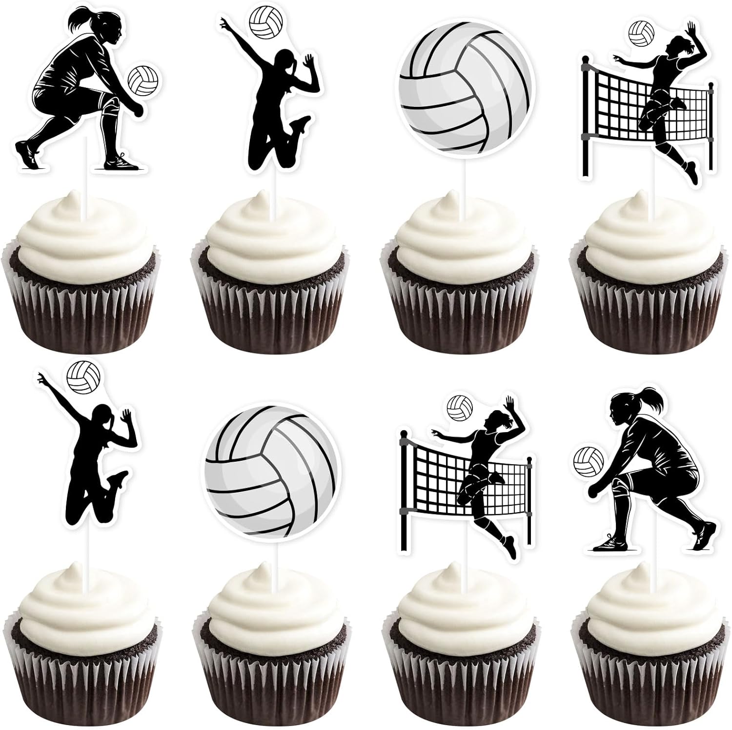 Kreatwow 36pcs Volleyball Cupcake Topper Black White Volleyball Birthday Party Decoration Volleyballs Birthday Cake Decor Sports Game Player Birthday Party Decor for Girls