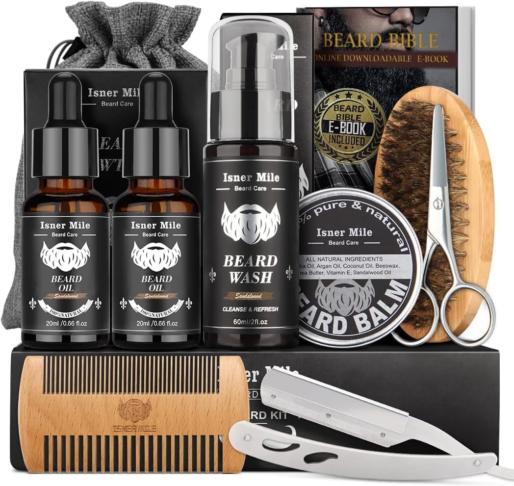 Isner Mile Beard Grooming Kit for Men Care: with Beard Wash - Oil - Balm - Brush - Comb & Straight Razor, Mens Birthday Christmas Stocking Stuffers Valentines Day Gifts for Him Boyfriend Dad Husband