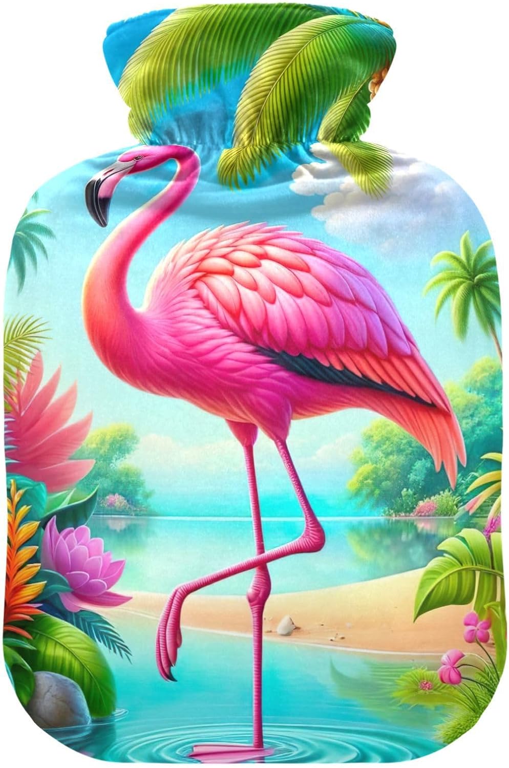 Pink Palm Flamingo Hot Water Bottle with Soft Cover Feet and Bed Warmer Hot Water Bag for Pain Relief, 1 Liters