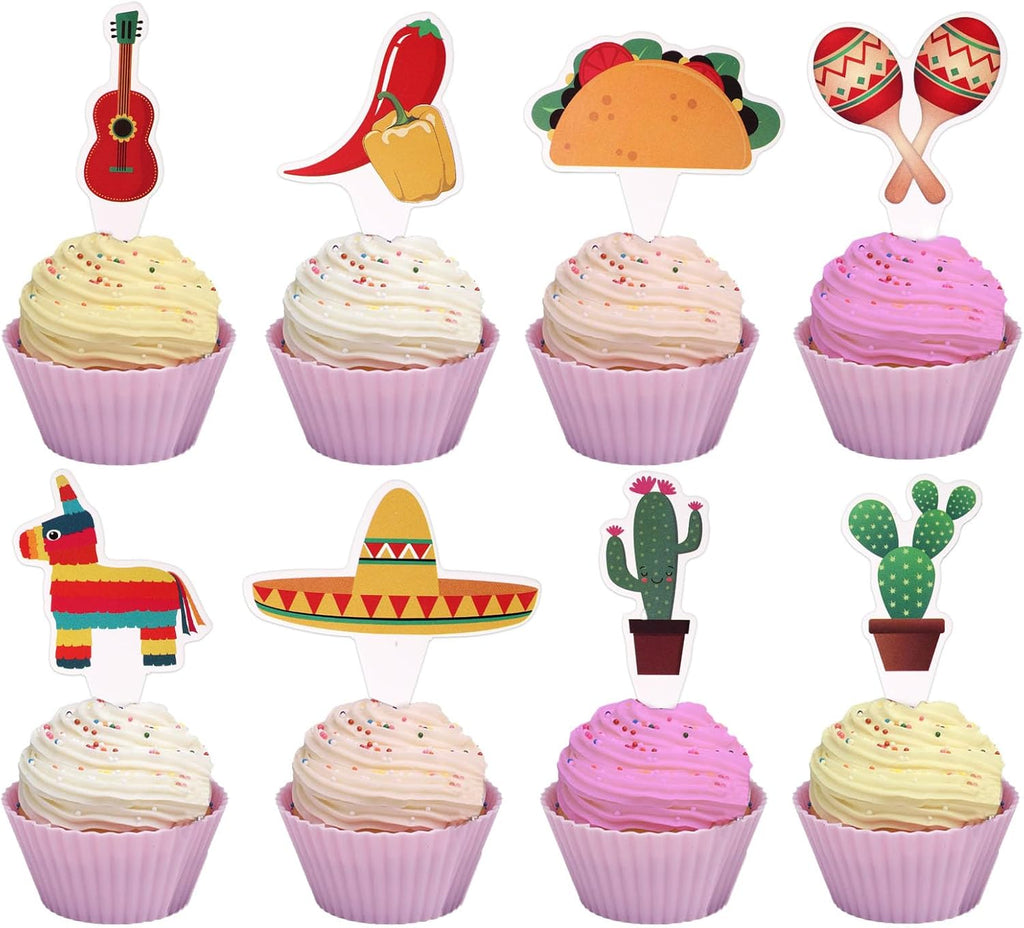 48pcs Fiesta Cupcake Toppers, Mexican Cake Topper Fiesta Cupcake Picks Cactus Donkey Theme Sombrero Cake Decoration for Cinco de Mayo Birthday Party Baby Shower Supplies