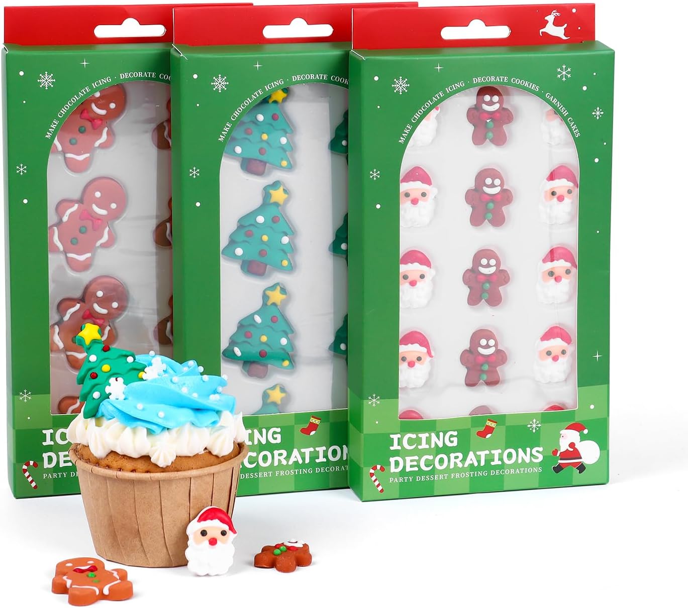 Edible Christmas Cookie Decorations, Edible Gingerbread Men, Christmas Tree, Santa Claus Icing Decorations, Gingerbread House Decorations, Perfect for Cupcakes, Cake, Cookies, and Ice Cream Topping