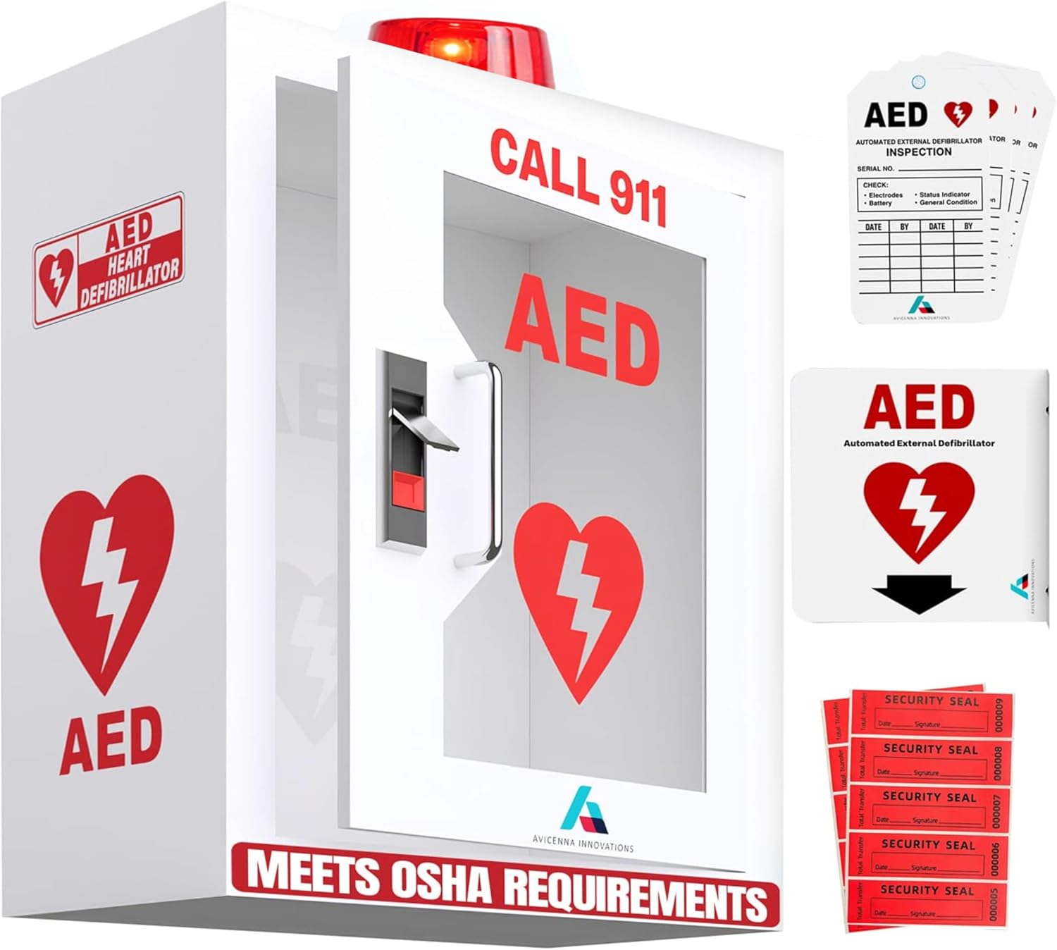 Steel AED Cabinet Kit | Wall Mount Box with Alarm & Strobe Light | Turnkey Solution Includes 3D Sign, Inspection Tags & Security Seals | Universal Fit (16" H x 14" W x 8" D)
