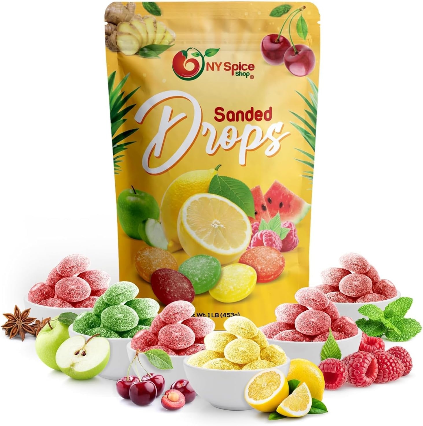 NY SPICE SHOP Mix Fruits Sanded Candy Drops - 1 Pound Old Fashioned Sanded Drops - Fresh Delicious Bulk Candy - Sanded Hard Candy - Tangy and Sweet Healthy Snacks