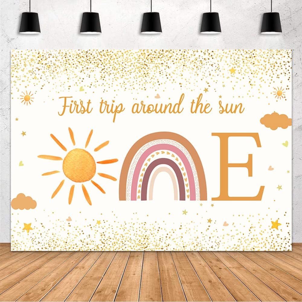 MEHOFOND 7x5ft First Trip Around The Sun Backdrop for 1st Birthday Party Decorations Supplies Boho Sun 1st Birthday Banner Photography Background Party Decor