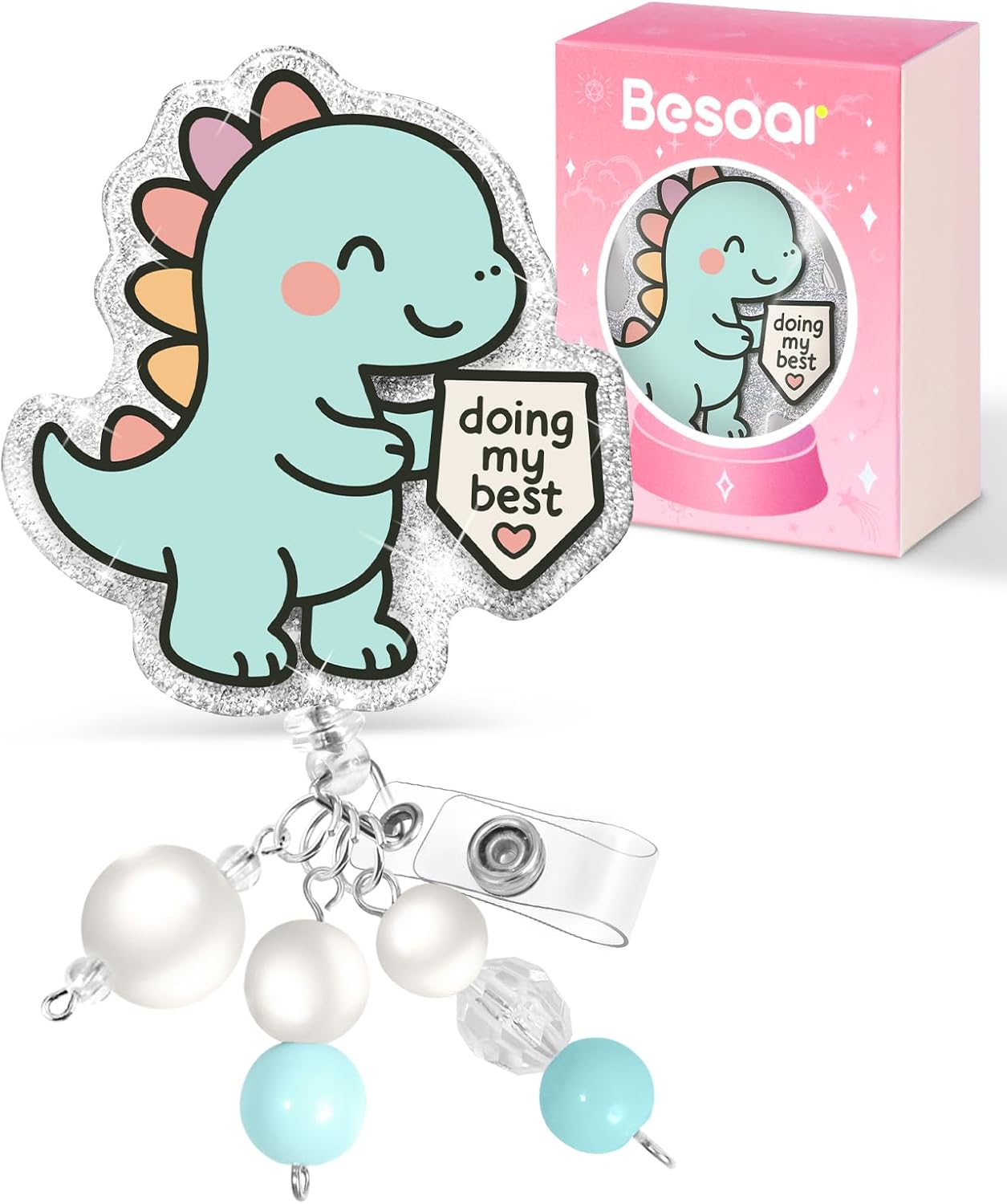 Besoar Nurse Badge Reel Retractable - Cute Dinosaur Badge Reel Nursing, Beadable Badge Holder with Alligator Clip, Office Medical Worker Pediatric Student Nurse ID Badge Clip Accessories Gifts