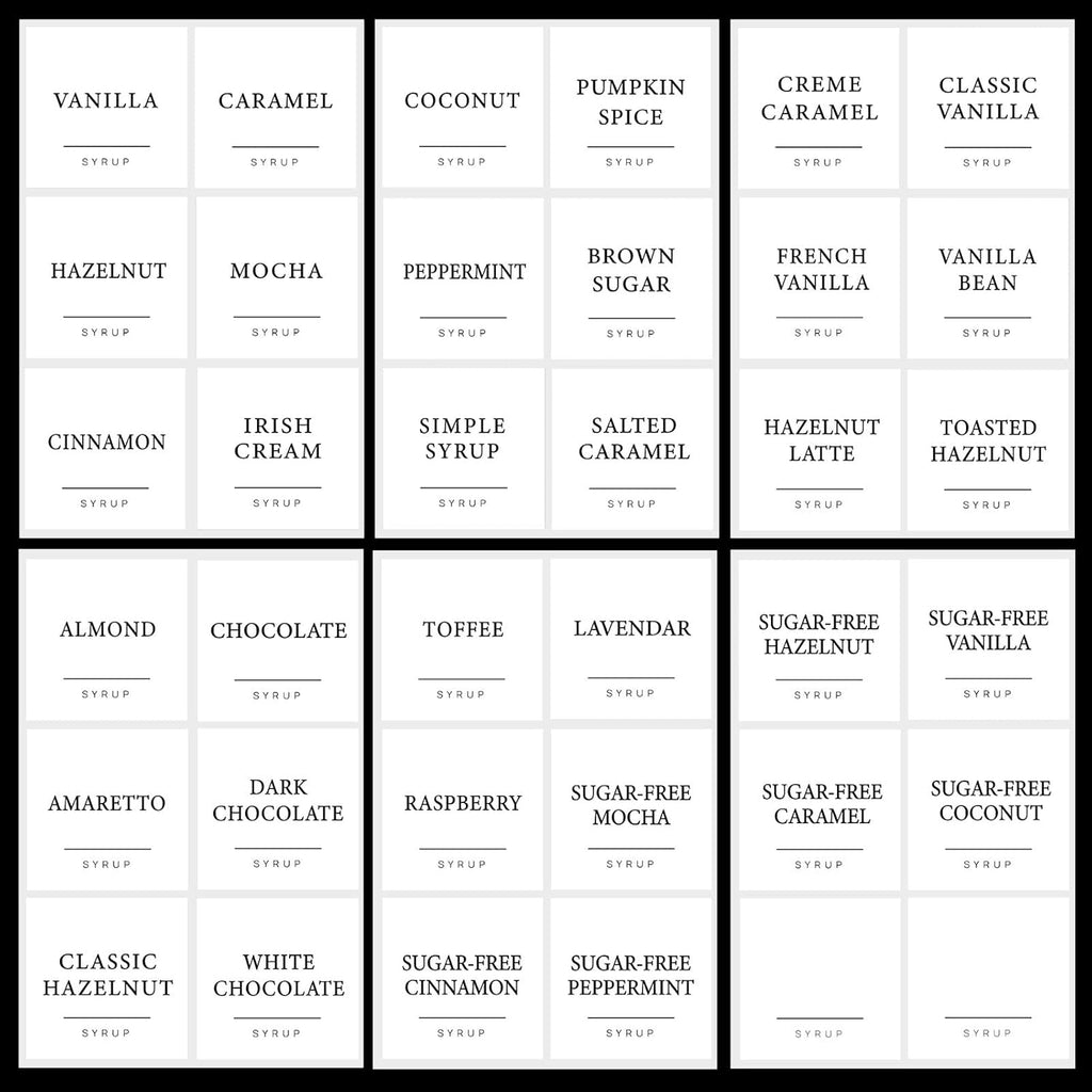 36PCS Coffee Syrup Labels,Minimalist Preprinted Coffee Syrup Stickers for Coffee Station,Waterproof White Coffee Bar Labels for Syrup Bottle & Dispenser Organization(2.5"x2.5")