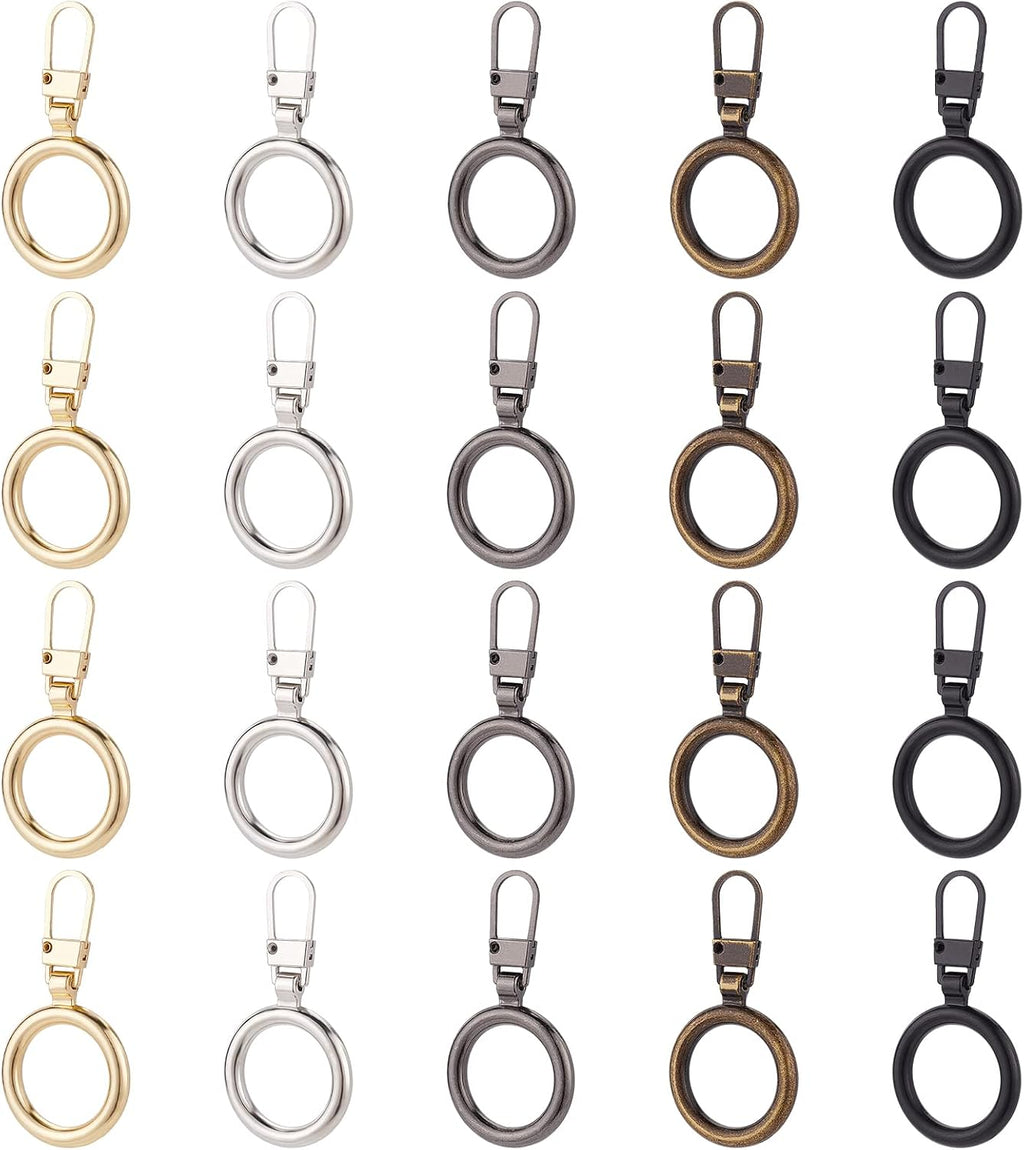 BENECREAT 20Pcs 5 Colors Zipper Pull Replacement, Round Ring Shape Geometric Circle Metal Zipper Tab Repair for Jackets, Luggage, Backpacks, Purses, Boots, Pants