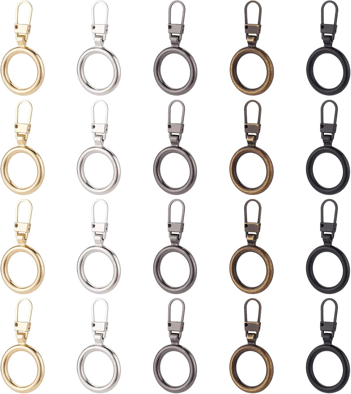 BENECREAT 20Pcs 5 Colors Zipper Pull Replacement, Round Ring Shape Geometric Circle Metal Zipper Tab Repair for Jackets, Luggage, Backpacks, Purses, Boots, Pants