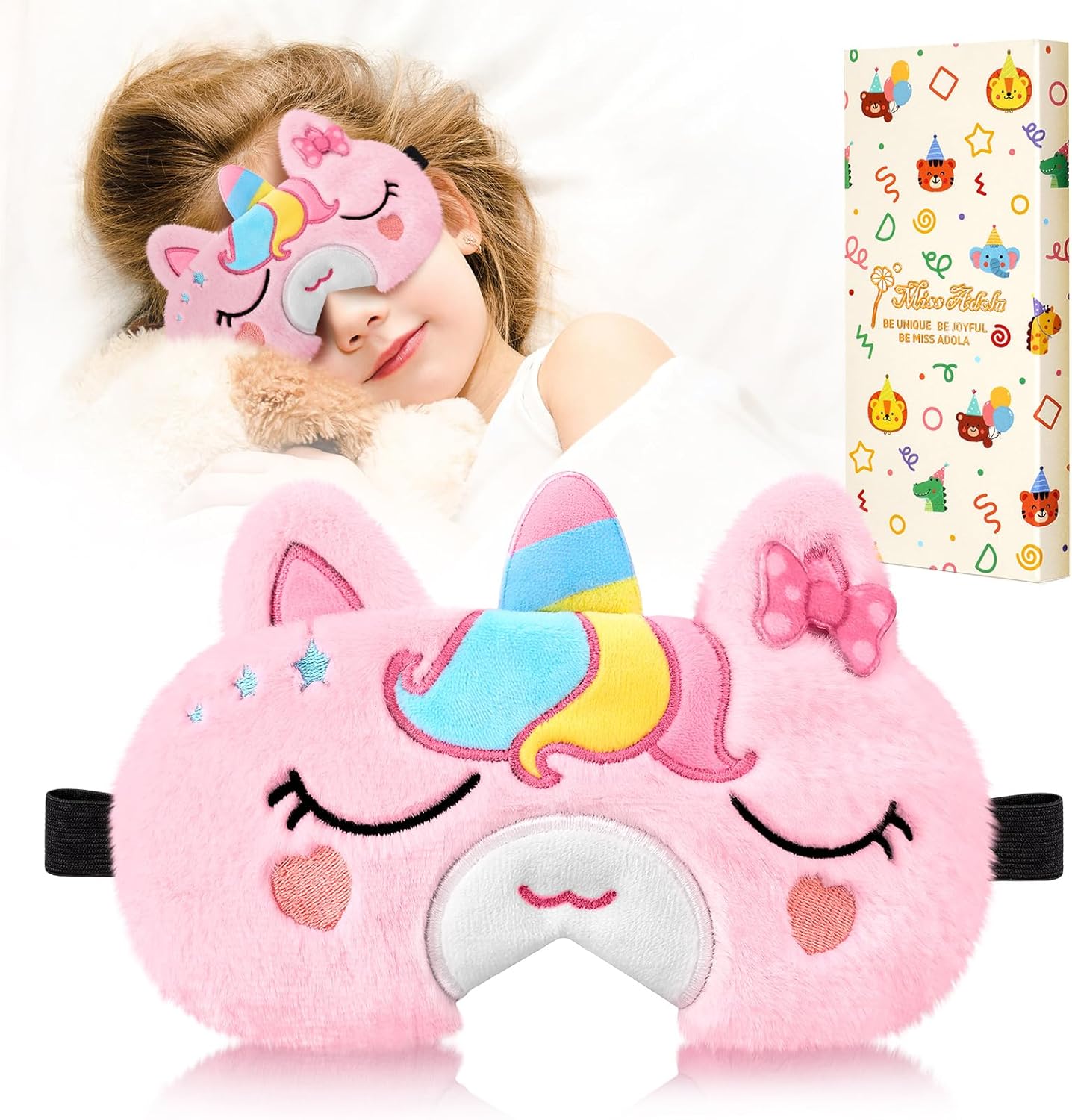 Miss Adola Sleep Mask for Kids - Cute Cartoon Plush Fuffy Sleeping Eye Cover Bow Unicorn Kawaii Soft Eyeshade with Adjustable Strap Animal Eye Blindfold for Kids Girls Boys Teens