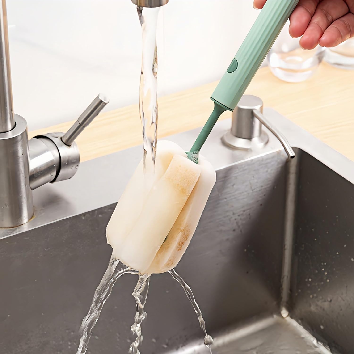 Long-Handle Sponge Cup Brush with Removable Head - Easy-to-Use Cup Cleaning Brush for Insulated Mugs and Glassware