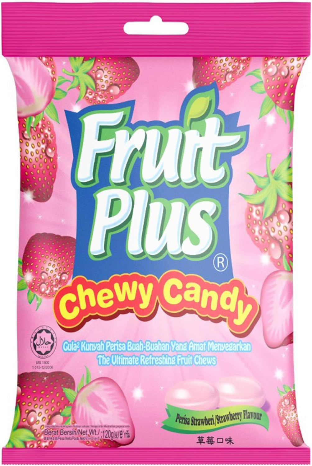 Fruit Plus Chewy Candy, Malaysian Individually Wrapped Bulk Candy, Fruit Snacks for Halloween Christmas Party, Non-Melting, 4.2 Oz Bag (Approx. 39 Count) (Strawberry)