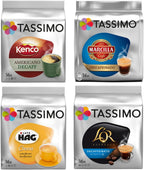 Tassimo 4 Decaf Lovers Bundle - 1 x Kenco Americano Decaf, Cafe HAG Crema, LOR Espresso Decaf, Marcilla Espresso Decaf (All 4 Decaffeinated Variety- 64 Servings)