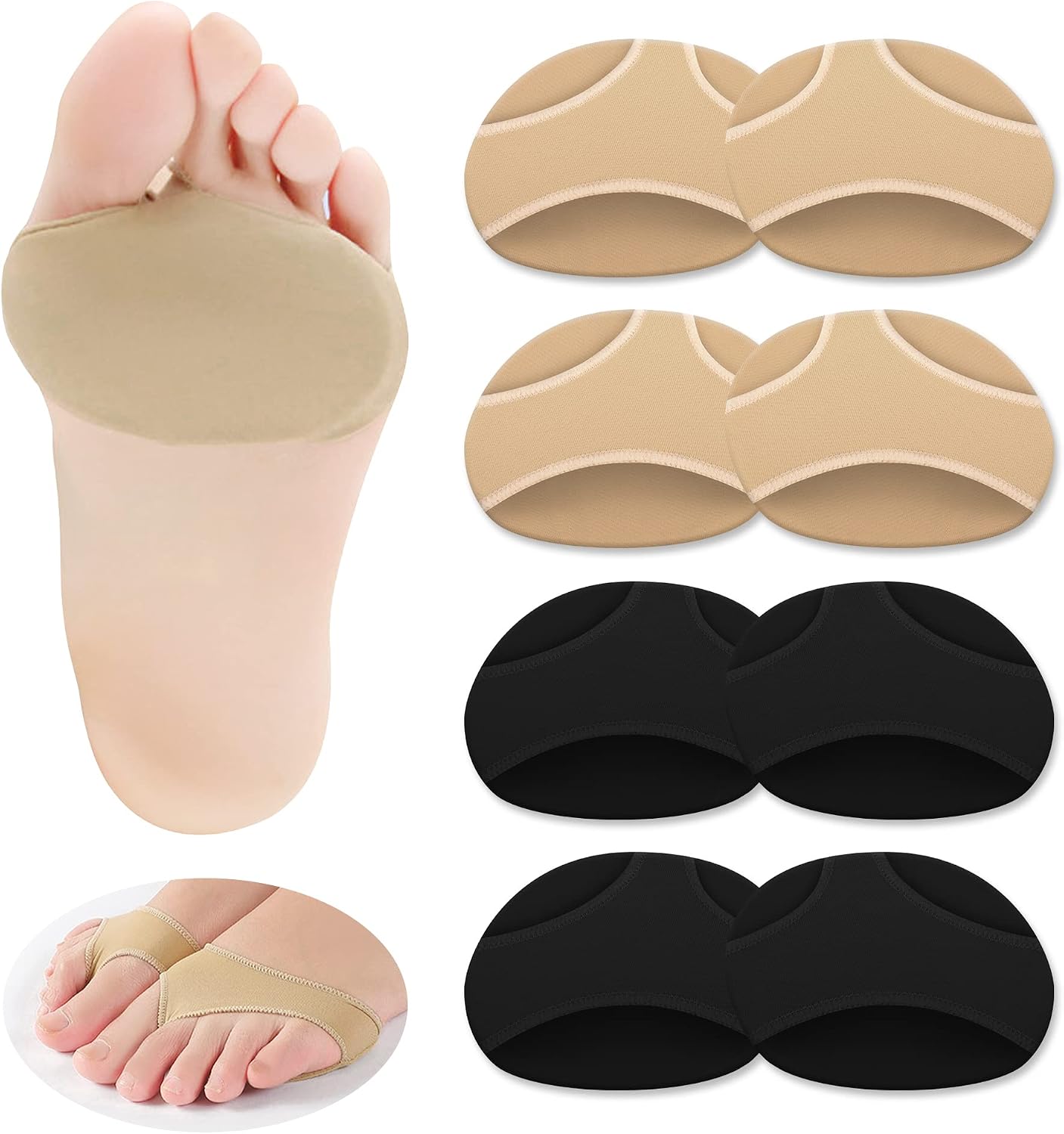 SooGree Metatarsal Pads for Women Ball of Foot Cushions for Shoes 4 Pairs Fabric Metatarsal Pads Pain Relief Forefoot Pads Foot Health Care Prevent Foot Wear (M-2 Pairs Black + 2 Pairs Beige)