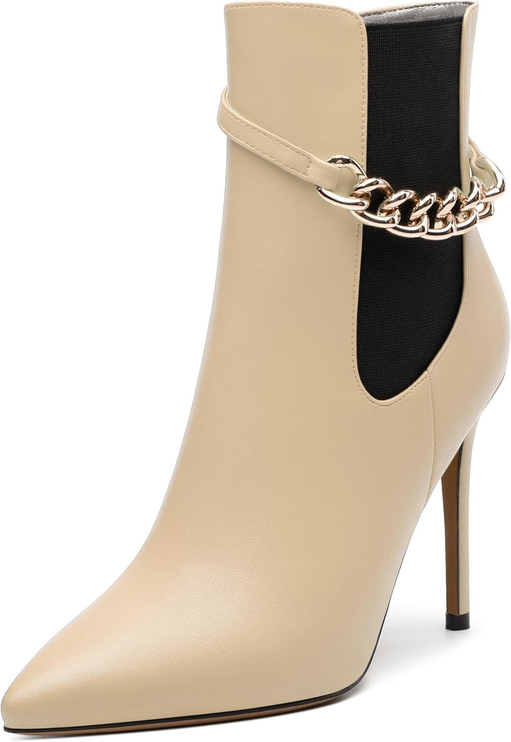 Womens Boots, Stiletto Heel Ankle High Bootie, Side Zip Fashion Pointed Toe Short Boots for Women, Chain Strap Ankle Boots for Women