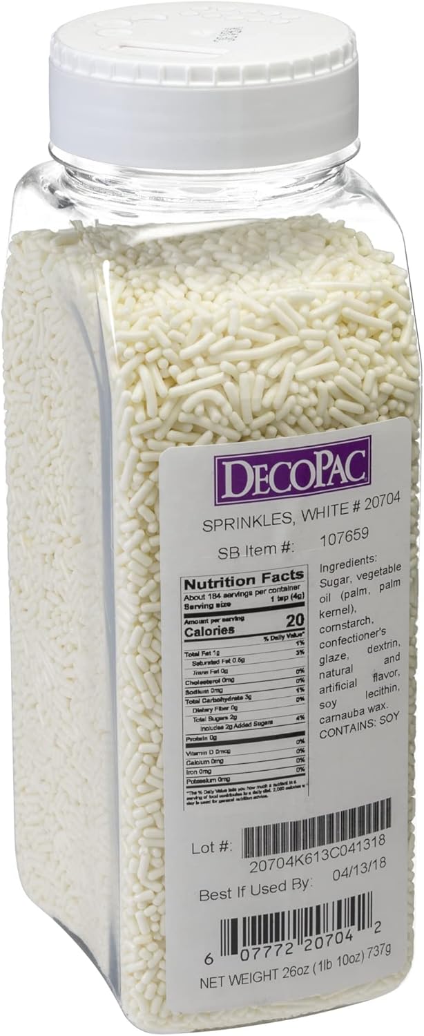 DecoPac White Sprinkles | Extra Large 26oz Pack | Cake Sprinkle Mix, Fancy Sprinkles For Cake Decorating, Handheld Container, Candy Sprinkles, Cake Sprinkles - White