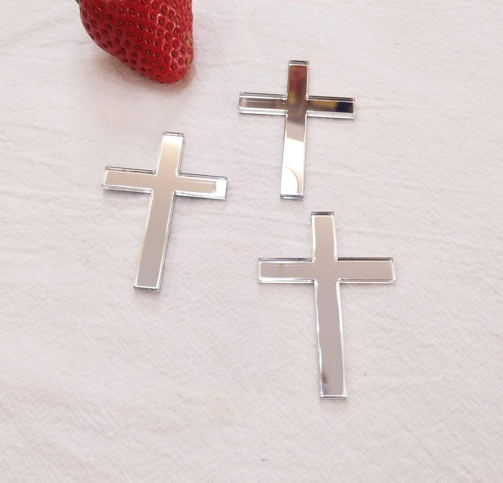 Cross Cake Decoration, Acrylic Cross Cake Charm Topper, Cake Decoration Acrylic Baptism Cross Cake Charm Religious Celebration (Silver Mirror, 2'')