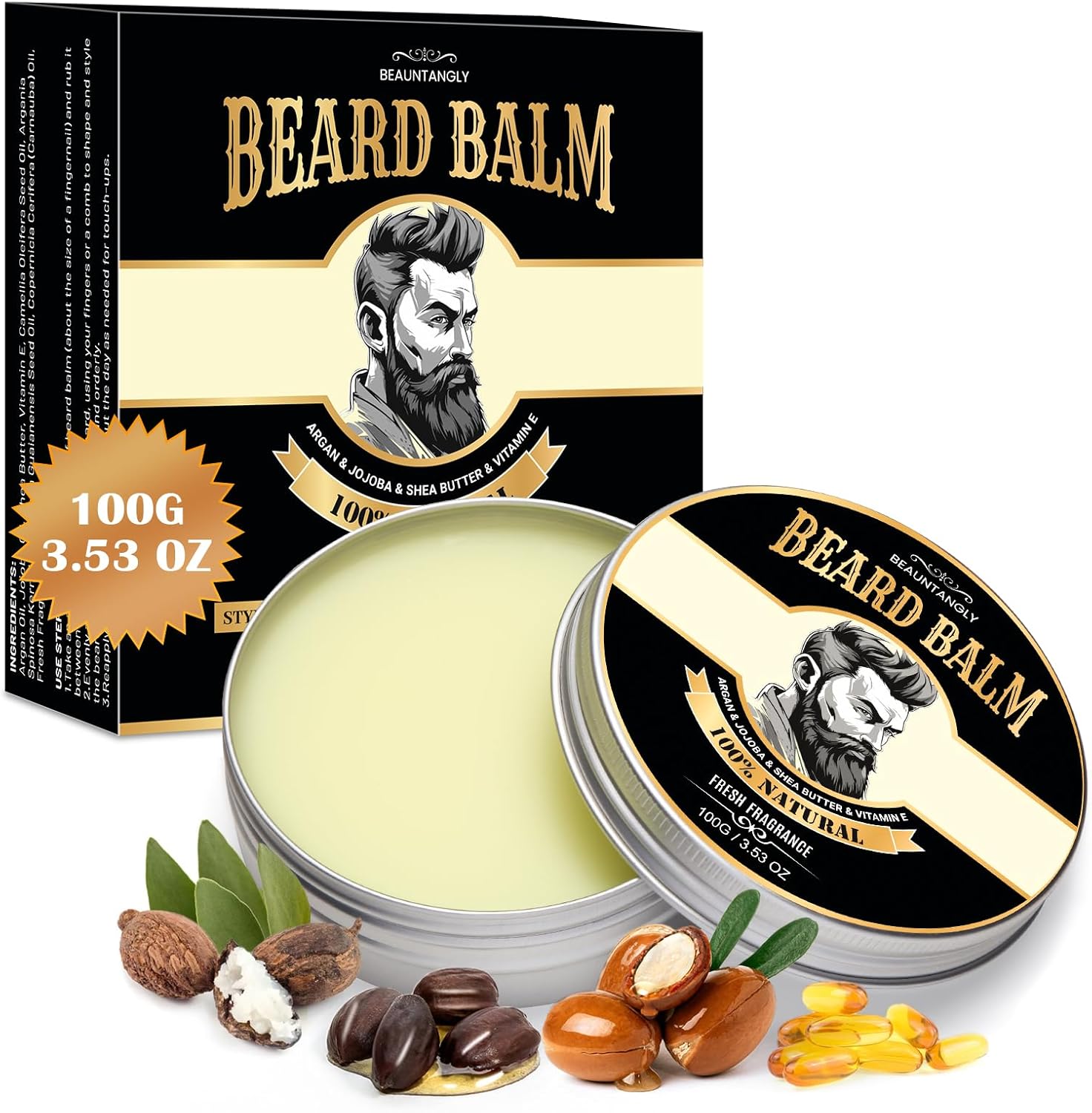 Beard Balm for Men, 100% Natural with Shea Butter, Argan Oil, Jojoba Oil, Vitamin E - 3.53OZ Conditioner Softener Moisturizer